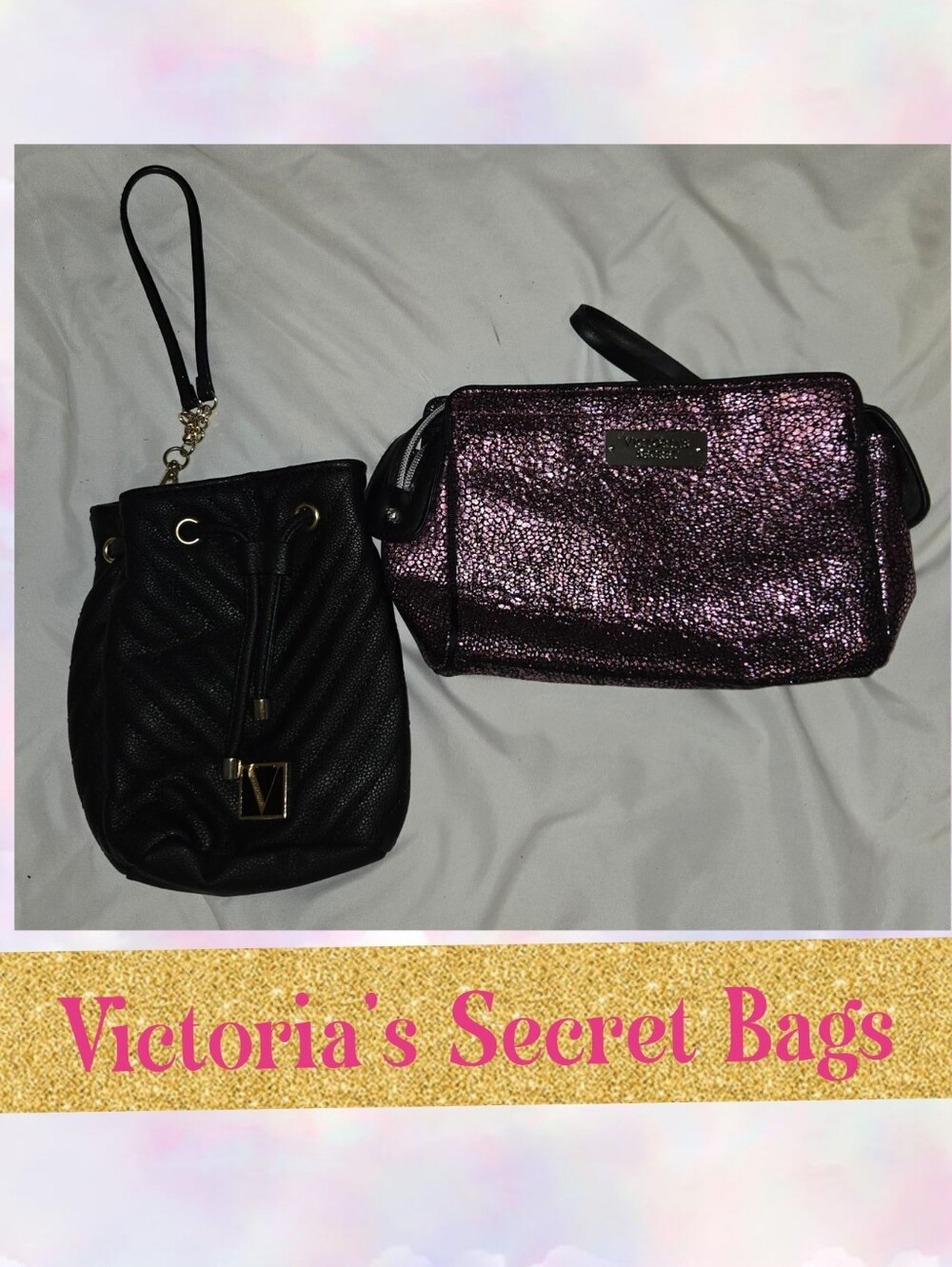 Victoria's Secret Black Drawstring & Metallic Cosmetic Bag